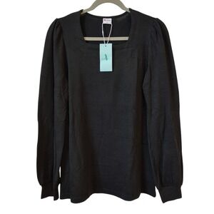 WIHOLL Women's Long Sleeve Top Size Small Black Square Neck Puff Sleeve Textured
